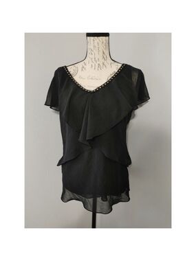 Women's White House Black Market Black VNeck Ruffle Blouse Silver Studs, Size 8